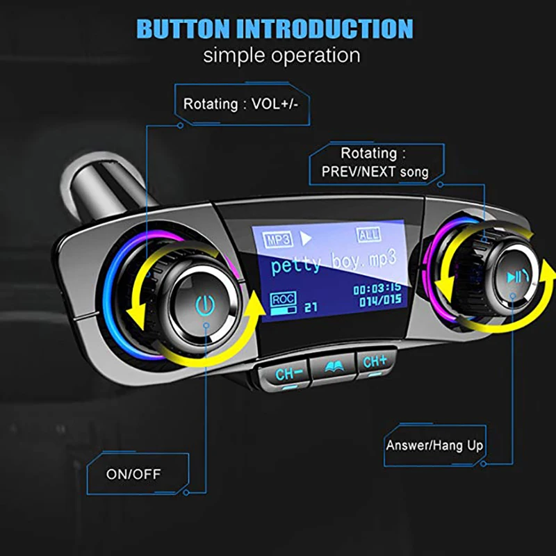 BINYEAE Bluetooth fm-передатчик беспроводной автомобильный fm-радио адаптер два usb порта громкой связи AUX TF карта U диск Play