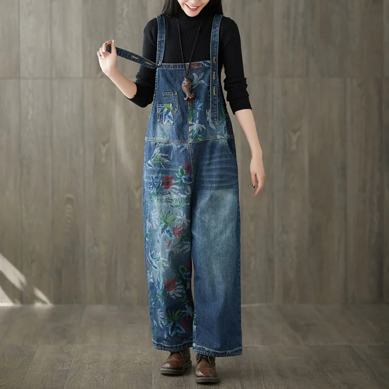 

Jumpsuits new splicing printing adjustable wide-legged jeans washing do old overalls big yards Rompers