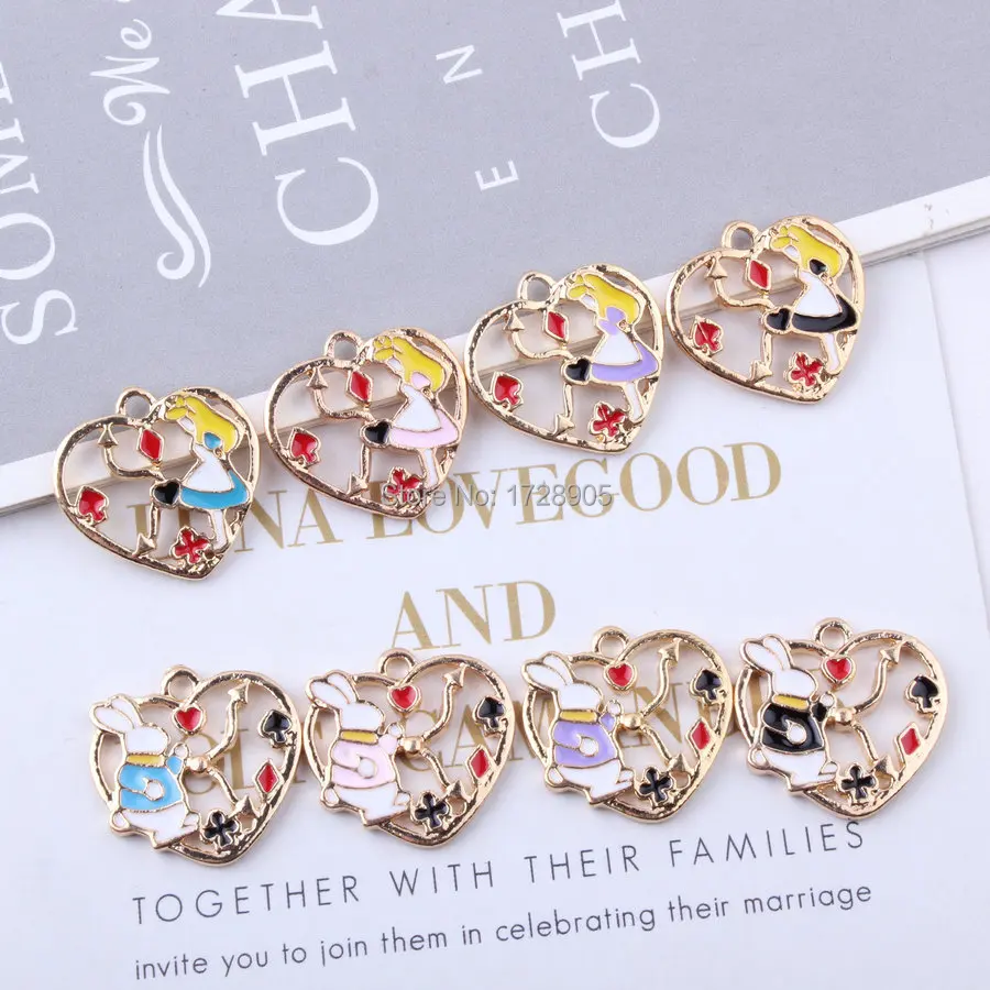 

Alice Enamel Charms Heart Shape Alice Garden Earrings Making Charm 8 pcs 21 mm Lovely Colorful Drop Oil Jewelry Finding
