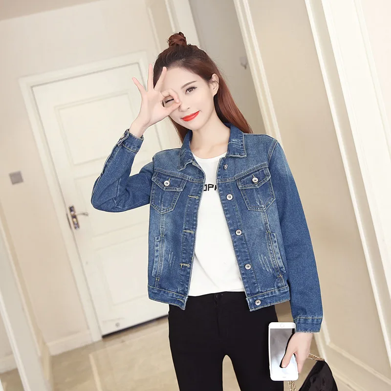 Женская джинсовая куртка с длинным рукавом облегающая легкая Потертая в