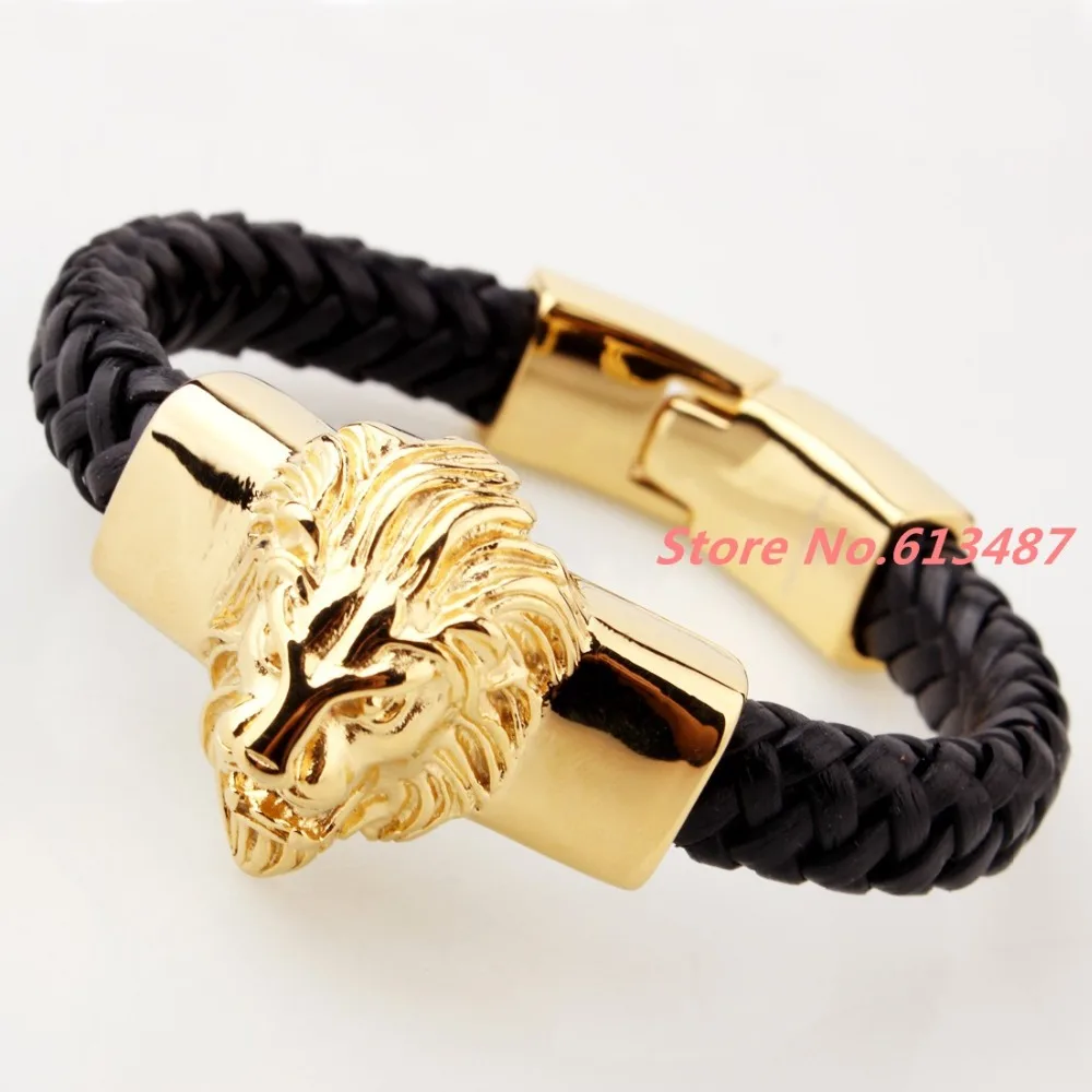 Мужской кожаный браслет черный Байкерский из нержавеющей стали 316L с золотым