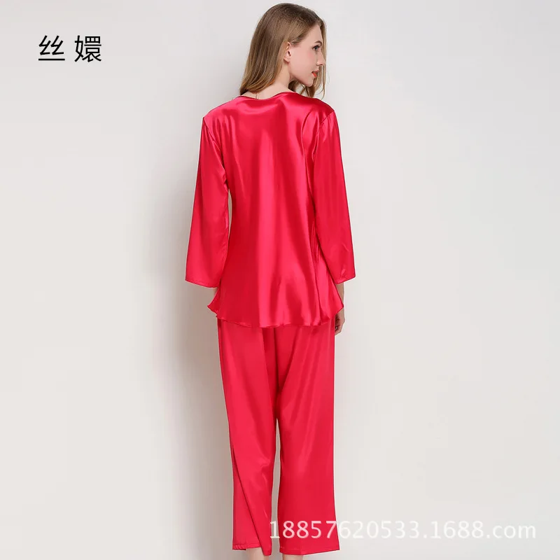 Spiring Autumn Women Ladies Sexy Flower Lace Satin Silk Pajamas Sets Long Sleeve Tops+Pants Sleepwear Femme Nightwear Pyjama | Женская