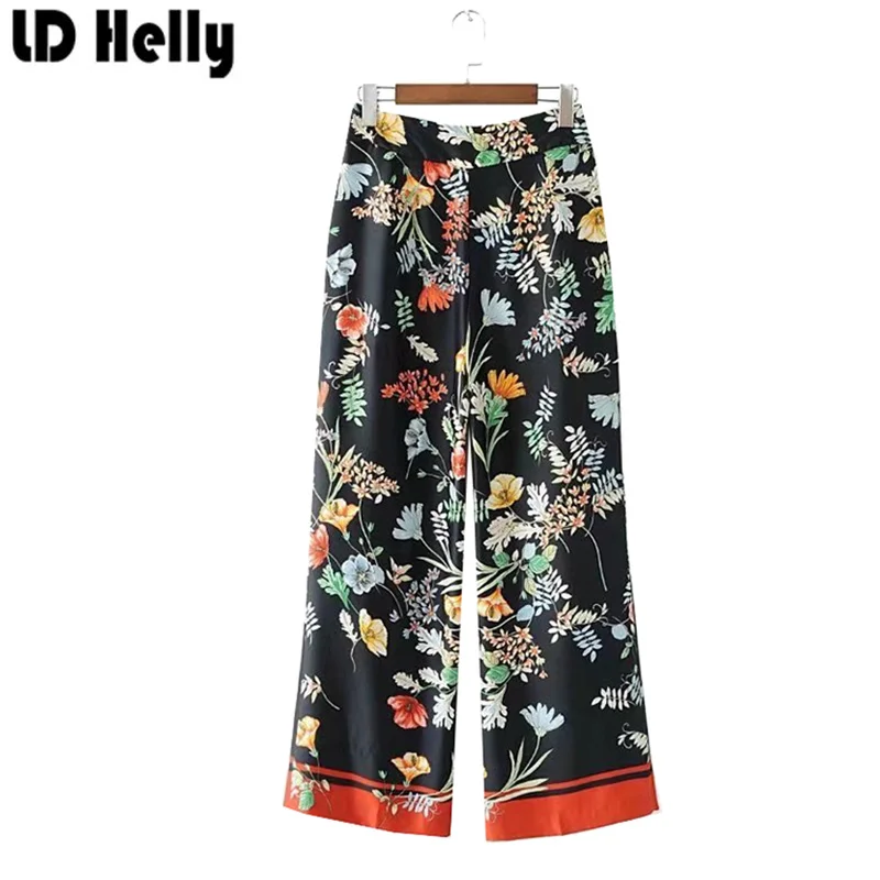 LD Helly винтажные женские черные длинные брюки с цветочным принтом модные