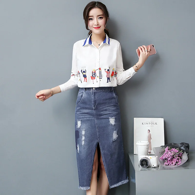 

new white print shirt cowboy clothing travel buttock denim skirts Korean fashion joker two-piece suit skirt women design clothes