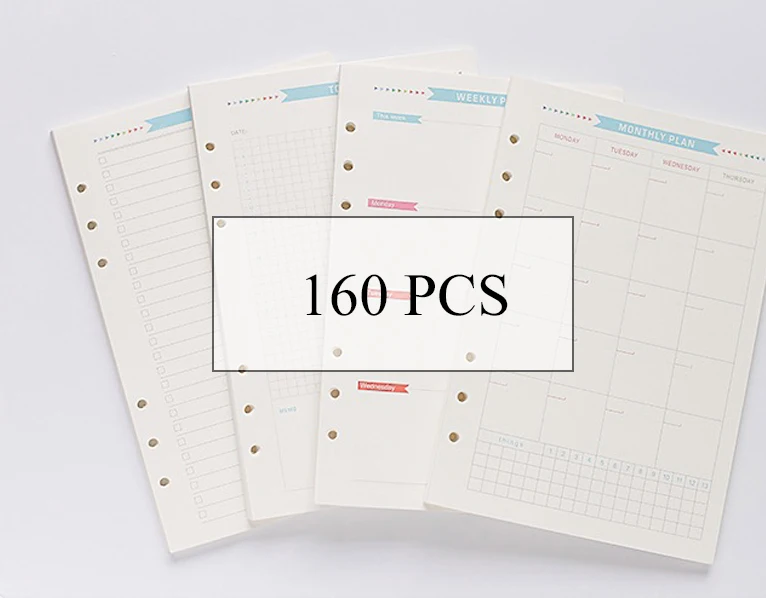 4-Kinds Set 160pcs Набор из 160 листов, блокнот с 6 отверстиями, А5, А6, бумажный спиральный планировщик, сменный внутренний дневник, еженедельный, ежемесячный, планируем сделать список - Цвет: 4-Kinds Set 160pcs