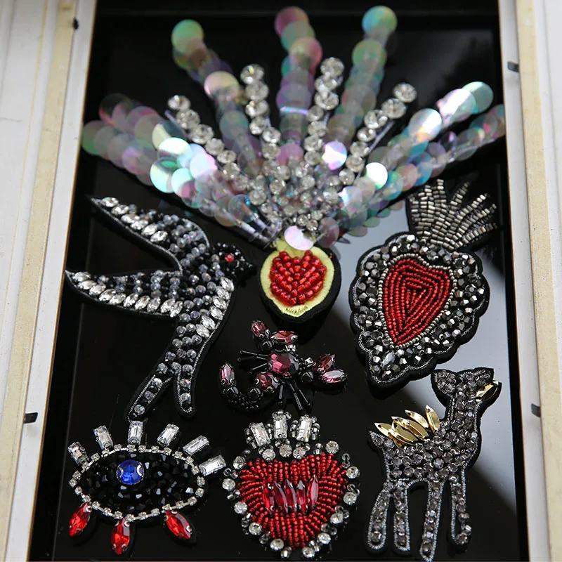 

3D Handmade rhinestone beaded Patches for clothing DIY sew on animals Scorpion deer eyes parches embroidery flower appliques