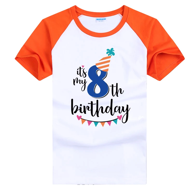 Orange-08 Детская футболка с надписью «Happy Birthday» для мальчиков, праздничная одежда с короткими рукавами для детей 1, 2, 3, 4, 5, 6, 7, 8 От 9 до 10 лет - Цвет: Orange-08