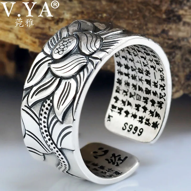 V. YA Настоящее 999 Чистое серебро кольцо унисекс цветок лотоса Открытые Кольца винтажные Модные женские мужские ювелирное серебряное кольцо подарок