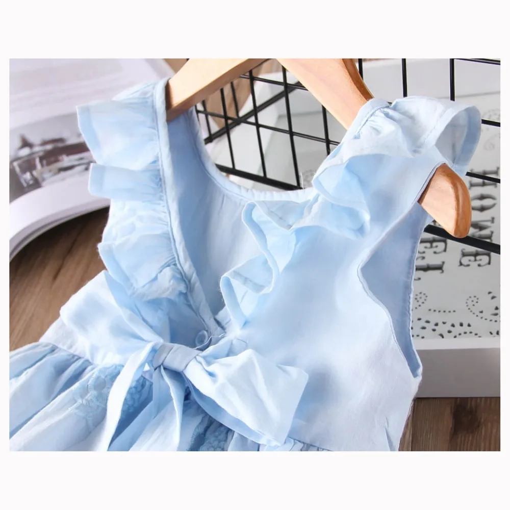 Hurave baby Girl ruffles drawstring bow clothes Children embroidery sleeveless dresses Kids Clothes crew neck dress | Детская одежда и