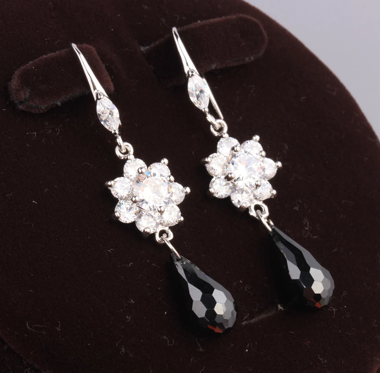 Dazzling Flowers Shape Black Onyx White Cubic zirconia 925 Sterling Silver Jewelry Drop Dangle Earrings For Women S5354