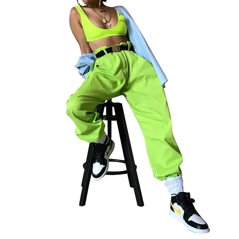 Женские брюки-карго с карманами неоново-зеленые высокой талией уличные брюки
