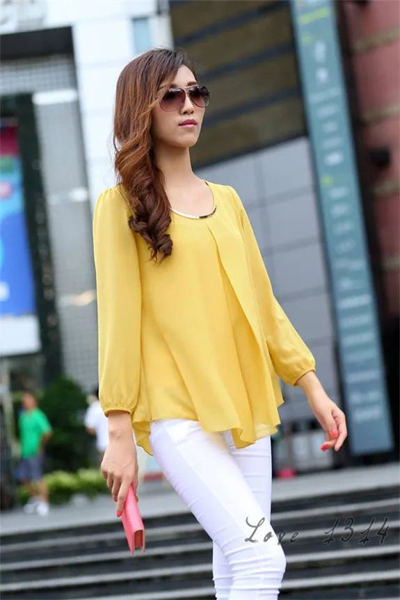 New CHIC 2015 Shirts Plus Size Casual Long Sleeve Chiffon Blouse For Women Blusas Sequined O-neck Blouses Yellow Rose SV007480 |