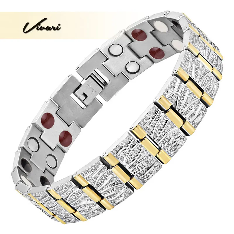 

Vivari Fashion Magnetic Titanium Silver Color Bracelet For Men 4in1 2-Tone Color Magnets -ve Ions Germanium Bangle Men Charm