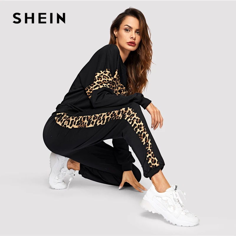 SHEIN Спортивный Костюм С Леопардовым Принтом Контрастная Толстовка И Брюки Женские Повседневные Комплекты С Леопардовым Принтом