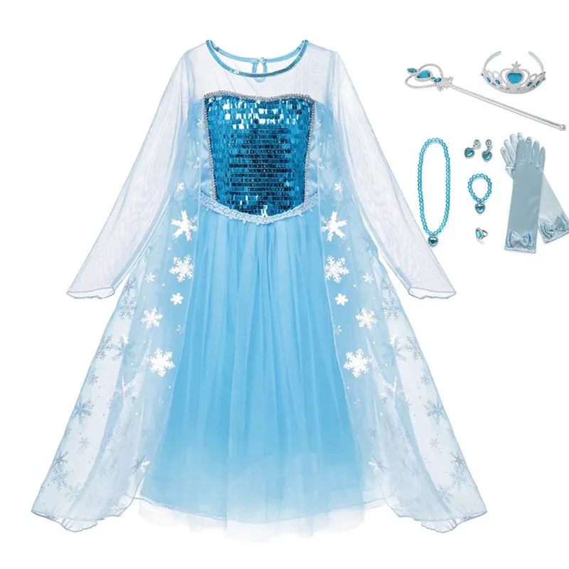 Long Elsa 9 Pcs Set Платье для девочек; летнее платье принцессы Эльзы; Одежда для девочек; Детский костюм Снежной королевы с блестками; костюм Эльзы для костюмированной вечеринки; Фэнтези - Цвет: Long Elsa 9 Pcs Set