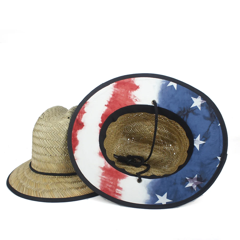 Straw USA Flag Соломенная женская мужская шляпа Lifeguard летняя ручная работа переплетенная джазовая пляжная Солнцезащитная шляпа уличная Бамбуковая Шляпа Панама шляпа размер 58 см - Цвет: Straw USA Flag