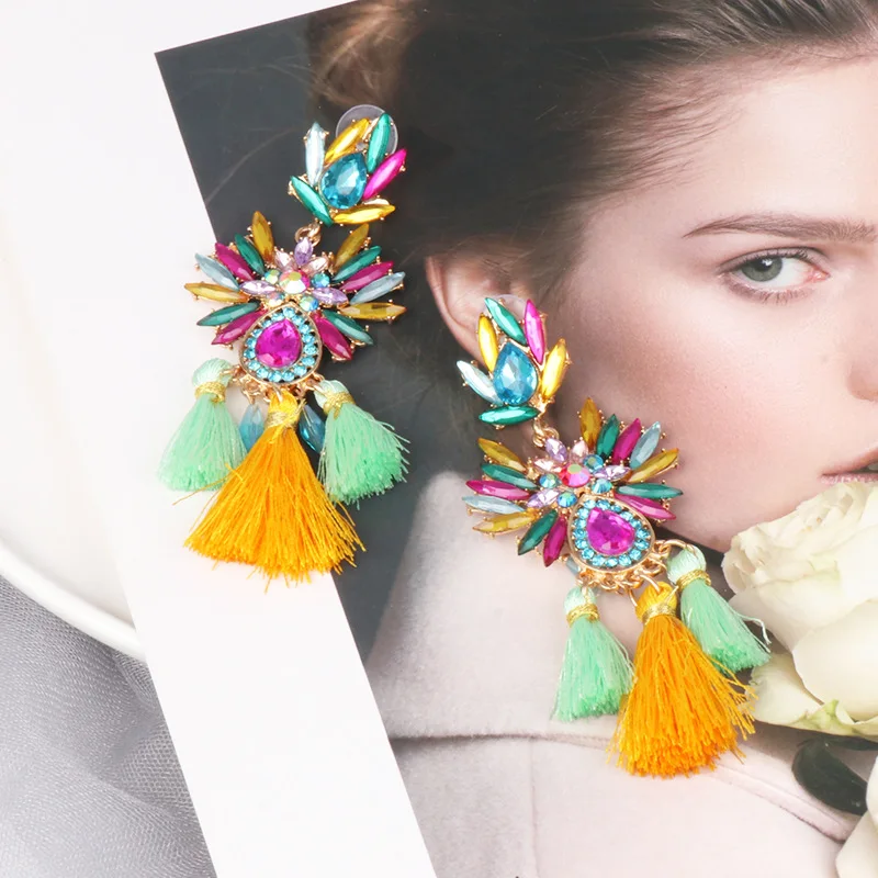 Brand Boho Tassel Fringed Earrings for Women Trendy Wedding Vintage Geometric Colorful Crystal Drop Earrings Statement Jewelry