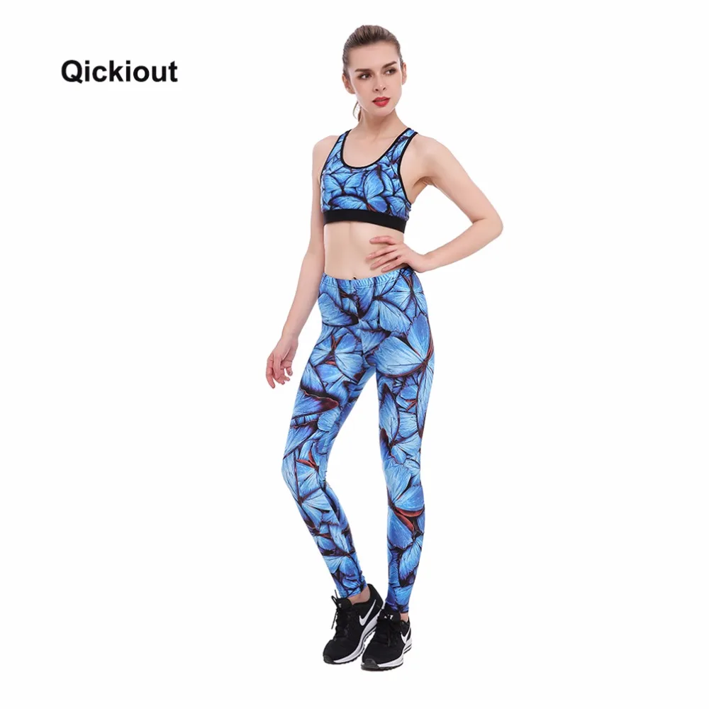 Qickitout новый синий бюстгальтер с бабочкой комплект леггинсов для фитнеса Casua