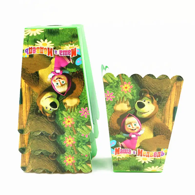 PopcornBoxes-6Pcs Футболки с изображением героев мультфильма «Маша и Медведь», тема бумажный стаканчик, тарелка флаг соломенная шляпа Дети пользу День рождения украшения поставки одноразовая посуда - Цвет: PopcornBoxes-6Pcs