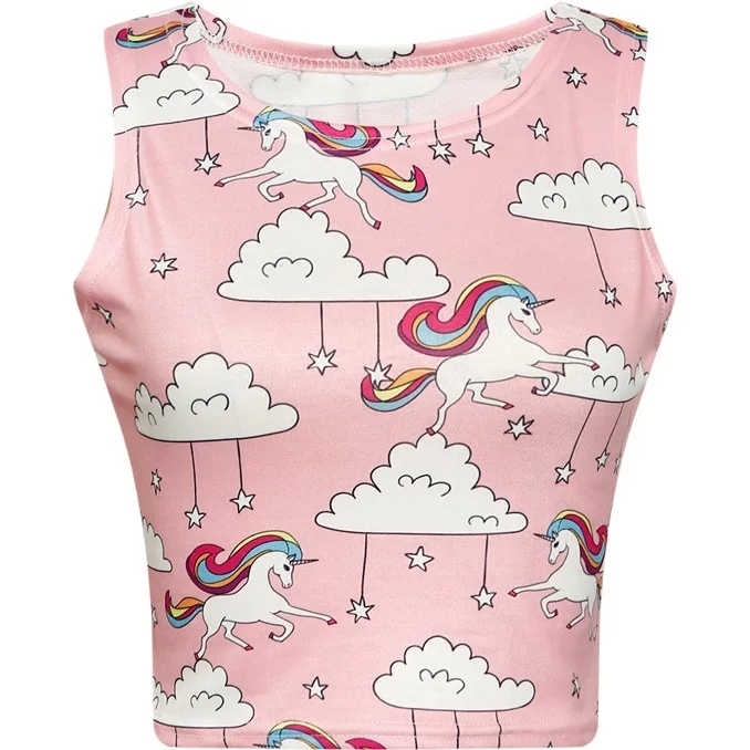Женский укороченный топ 2018 Летний милый жилет с принтом в виде единорога и звезд