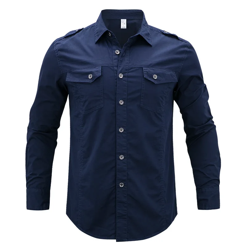 Мужская джинсовая рубашка карго голубая Классическая из хлопка с длинными