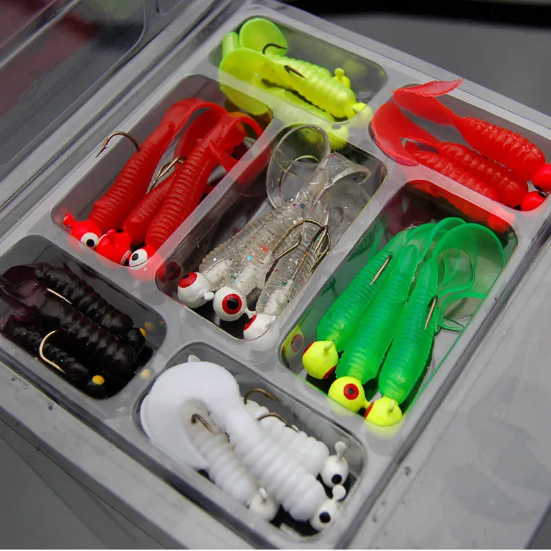 21Pcs/Set Mini Soft Fishing Lure Lead Jig Head Hook Grub Worm Silicone Fish Baits for Ocean Carp FG66 | Спорт и развлечения