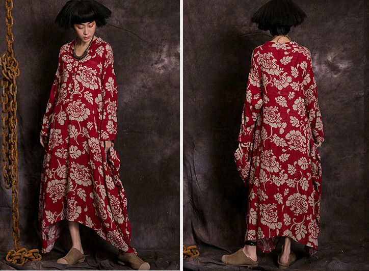 Печать хлопок белье длинное платье с длинным рукавом v образным вырезом нация