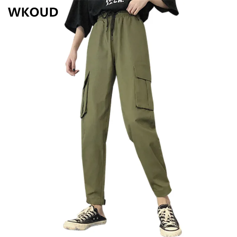 

WKOUD/Женские однотонные брюки-карго, Модные свободные брюки на завязках, уличные штаны в стиле хип-хоп, штаны длиной до щиколотки, весенние сп...