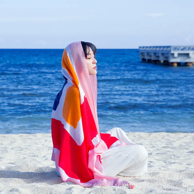 

New Ethnic Scarf Female Tassel Print Large Shawl Spring Summer Travel Silk Scarf Seaside Holiday Sunscreen Beach Scarves stole