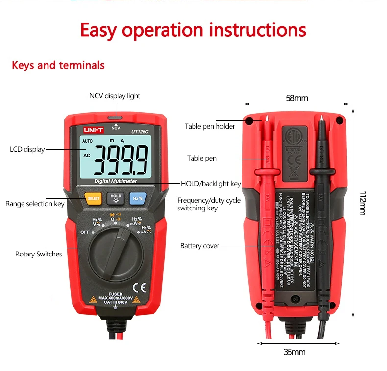 UNI-T UT125C цифровой карманный мультиметр DMM Электрический измеритель NCV тест AC DC напряжение тока резистор конденсатор Тест er Multimetro