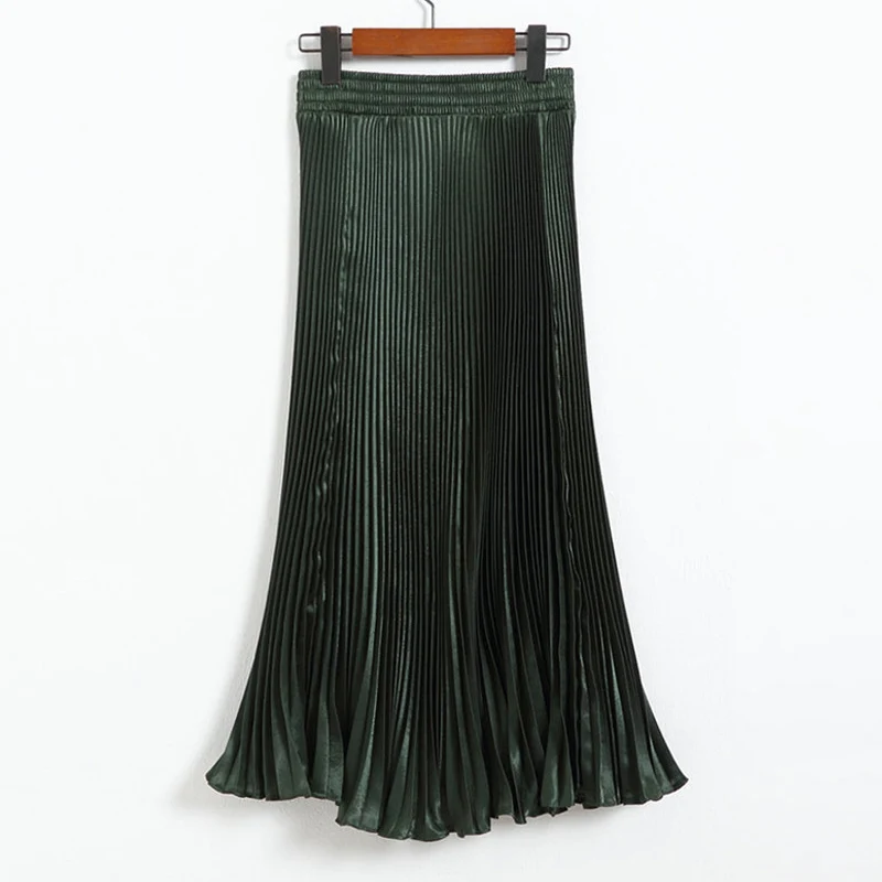 Dark-Green Qiuxuan, яркая металлическая шелковая ткань, облегающая, эластичная, высокая талия, женские плиссированные юбки, разные цвета, Летняя женская повседневная юбка средней длины - Цвет: Dark-Green