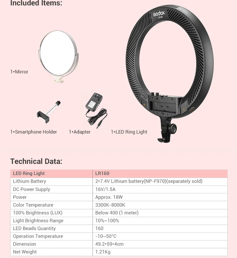 Godox LR160 Led кольцо макияж свет+ 2 м стенд с зеркалом 3300-8000 K 18 Вт Видео селфи фотография заполняющее освещение живое освещение съемки