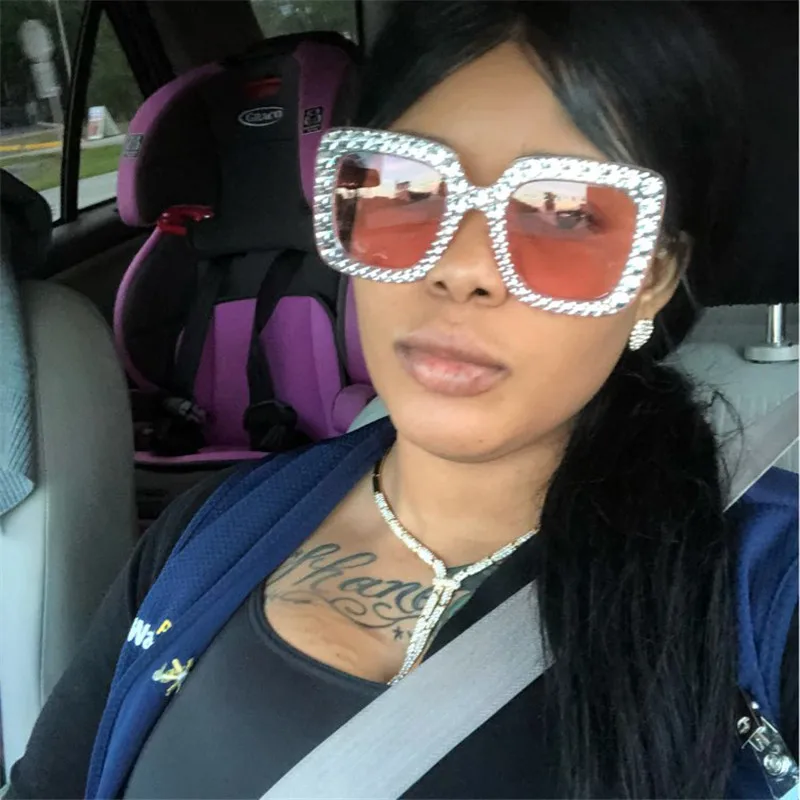

Brand Designer Oversized Square Shining Diamond Women Sunglasses UV400 Mirrors Fashion rhinestone Female Men Driving Sun glasses