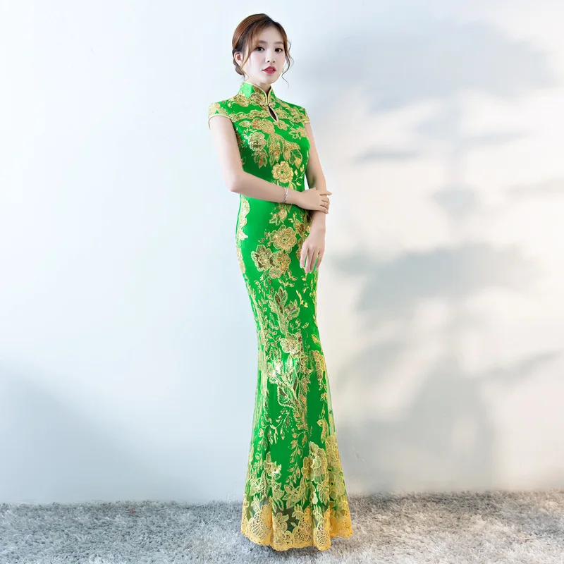 Новое китайское традиционное платье женское тонкое Cheongsam вышивка блестками современные восточные длинные Qipao вечерние платья - Цвет: Green