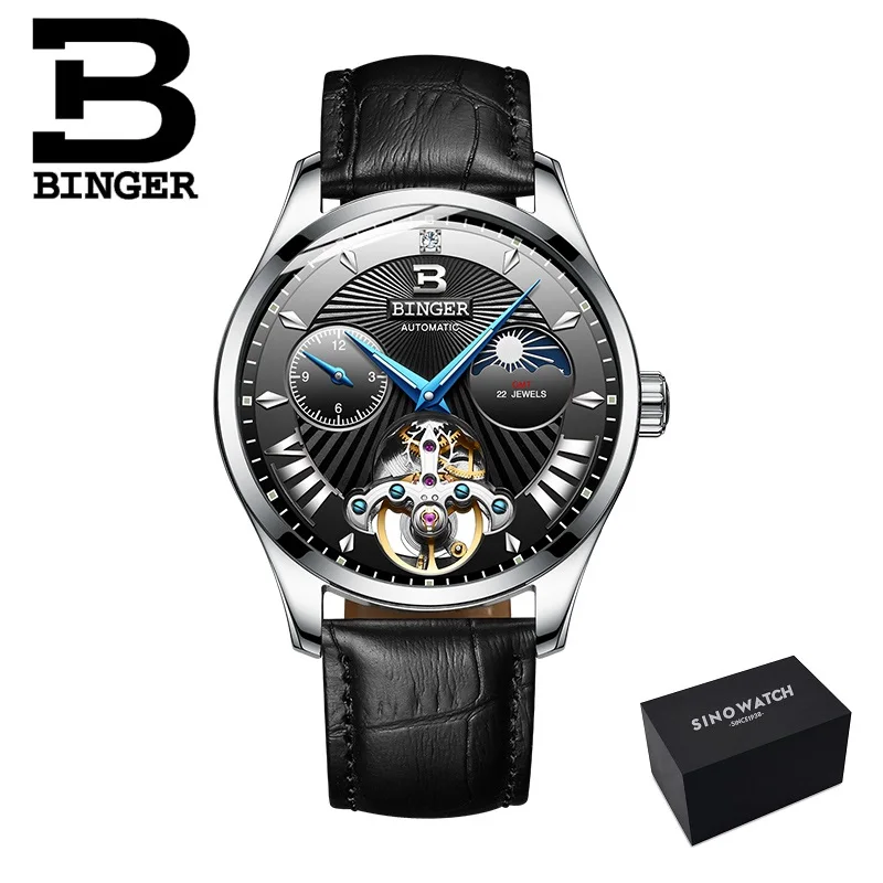 Leather-black black Новые швейцарские автоматические механические часы, мужские часы Бингер, роскошные Брендовые мужские часы, сапфировые мужские часы с скелетом, водонепроницаемые B-1186-8 - Цвет: Leather-black black