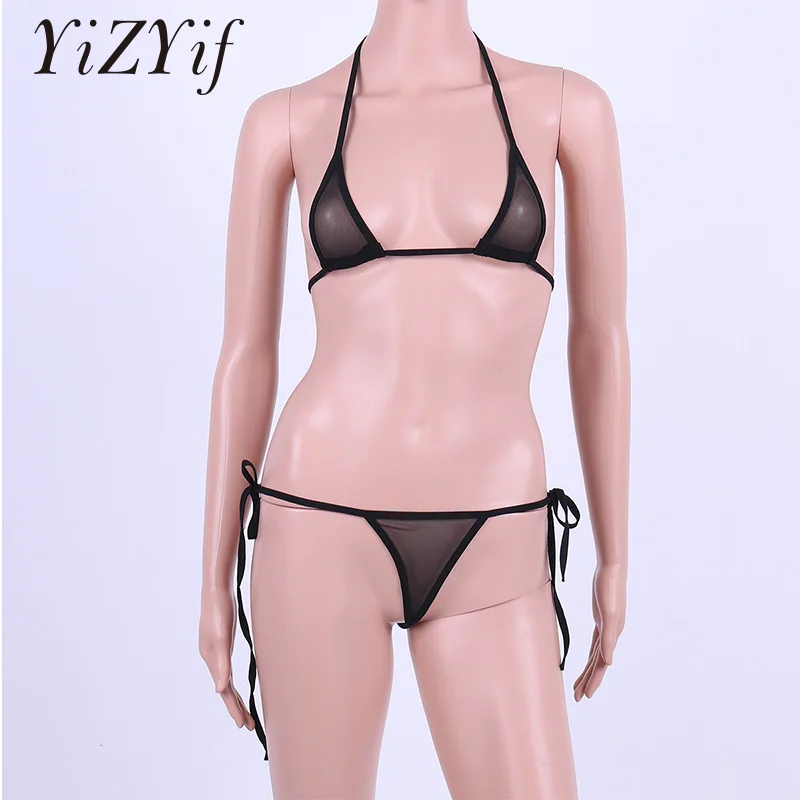 

YiZYiF Women Lingerie Set Mesh Halter Bikini Top with Tie Side G-string sexy bra set feminina lingerie set bra and panty set
