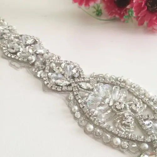 Свадьба кушак Пояс невесты Серебряный Rhinestone Саш кристалл Бусины Вышивка