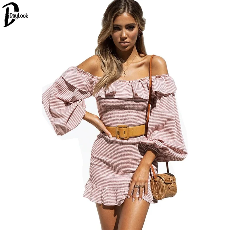 Daylook Off shoulder ruffle Сложите эластичный платье Женщины boho Сексуальная мини вечерние