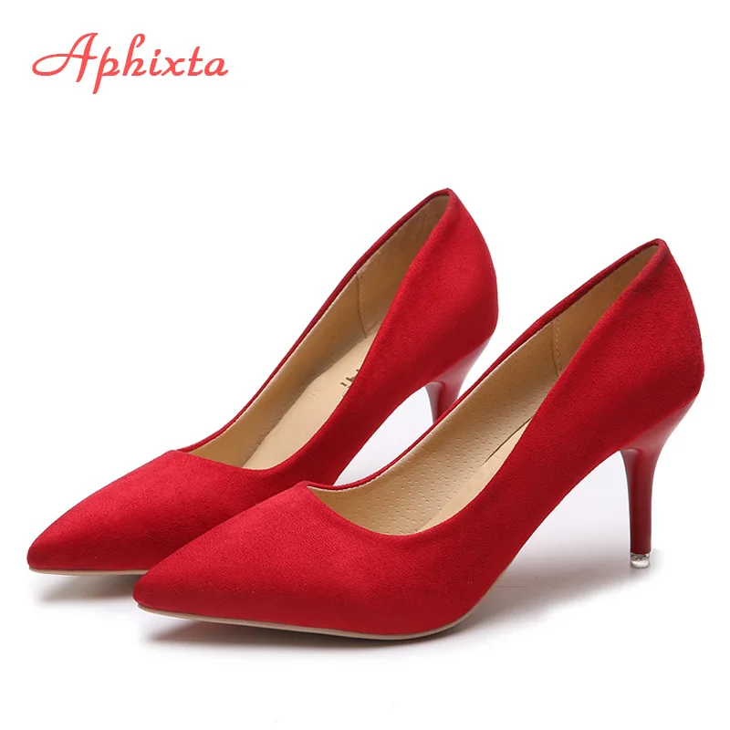 Red Aphixta/; леопардовая обувь; женские туфли-лодочки на каблуке; свадебные туфли телесного цвета на высоком тонком каблуке 8 см; вечерние женские туфли; классические туфли-лодочки; большой размер 44 - Цвет: Red