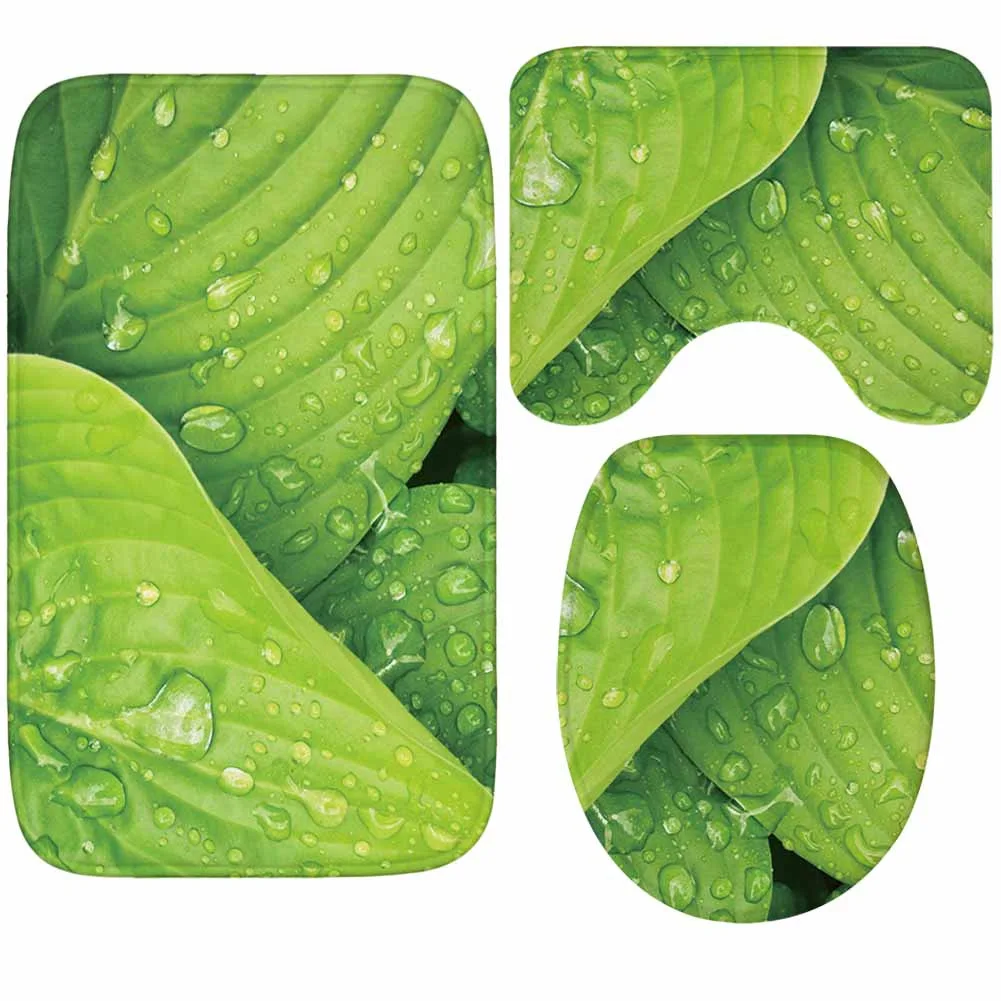 Фланелевые 3 шт. Набор ковриков в ванную из микрофибры с зелеными листьями узором