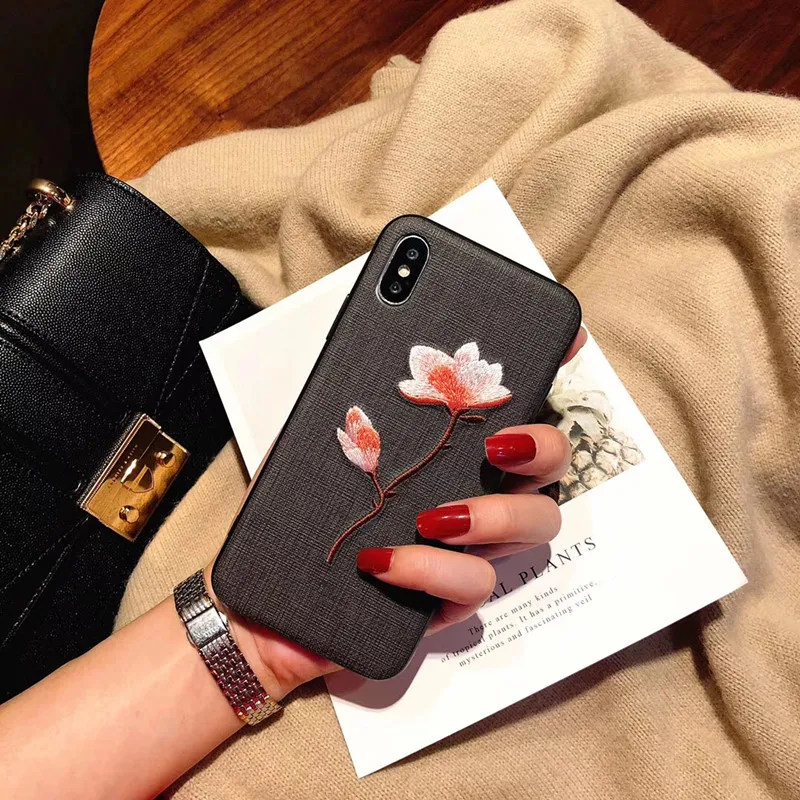 3D вышивка цветок чехол для iPhone X XS мягкие ТПУ Силиконовые чехлы ткань полная