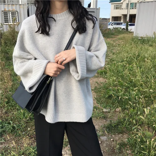 gray o neck Осенне-зимние свободные свитера женские повседневные с круглым вырезом и расклешенными рукавами однотонные универсальные вязаные пуловеры женские теплые мягкие джемперы - Цвет: gray o neck