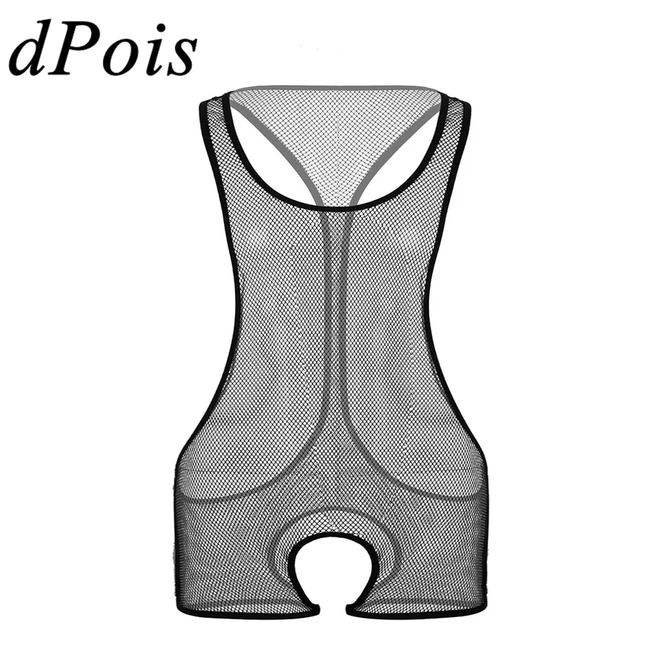 

Mens Open Crotch Sexy One-Piece See Through Sheer Fishnet Sleeveless Crotchless Jumpsuit Gay Male Bodysuit Lingerie Nightwear