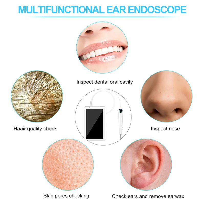 3.9ММ 1080P Эндоскоп для чистки ушей с 7-дюймовым ЖК-экраном, 6 регулируемыми светодиодными лампами и ложкой для удаления серы.