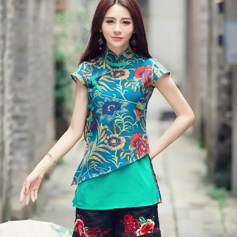 1 Шанхай Тан одежда женский китайский Cheongsam топы для женщин Лето ретро винтажная рубашка цветочные Женские китайские Топы TA1464 - Цвет: 1