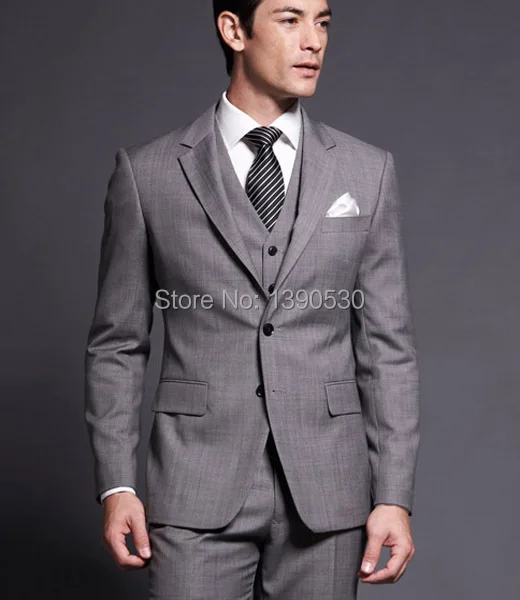 Мужские костюмы из 100% шерсти серого цвета с отложным воротником двумя пуговицами