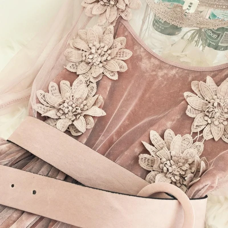 2018 Весна для женщин платья сладкий элегантный сплошной Цветок Винтаж ремень