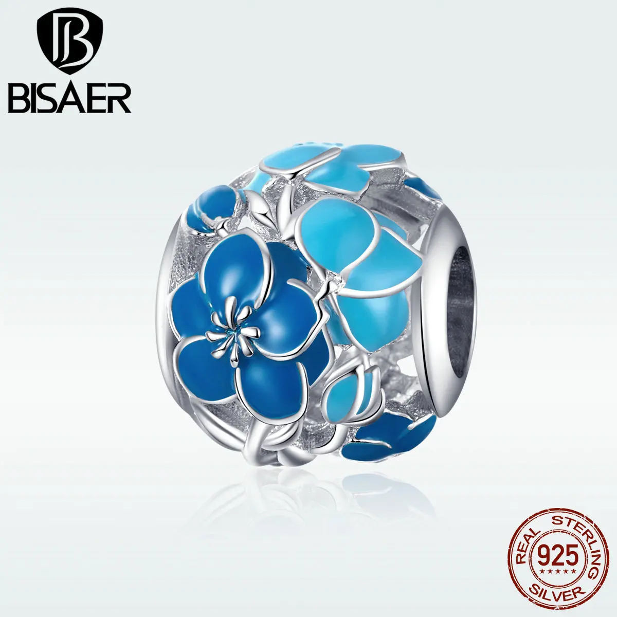 Бусины в виде цветка BISAER, 925 пробы, серебристые, синие, эмалированные Цветы орхидеи, талисманы, подходят для оригинального браслета, самодельные ювелирные изделия EFC087
