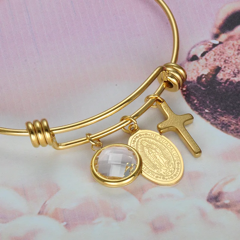 Titanium Stainless Steel Bling Jesus Prayer Virgin Mary Crucifix Crystal INRI Cross Nail Cuff Charms Bracelet Bangles Jewelry | Украшения и