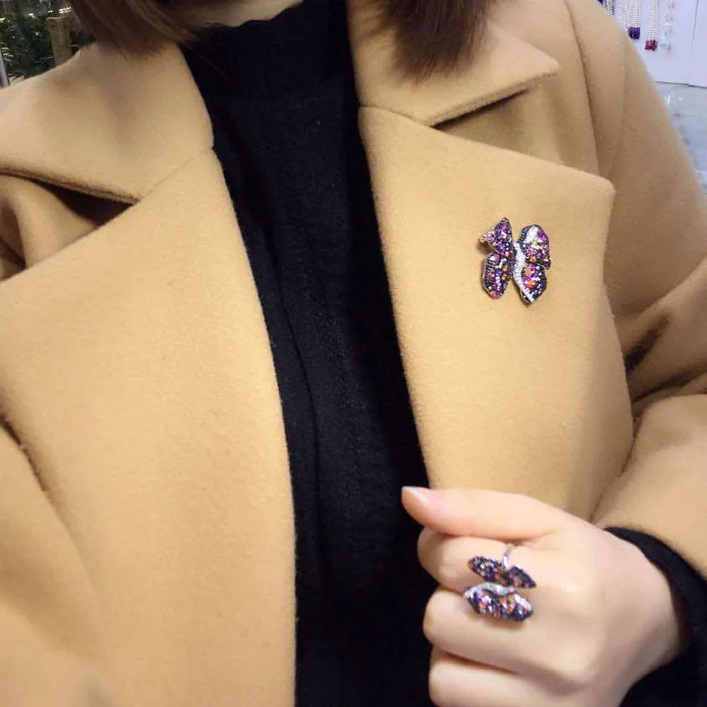 Qi Xuan_Trendy Jewelry_Multicolor Butterfly Ring_S925 однотонная Серебряная модная разноцветная бабочка